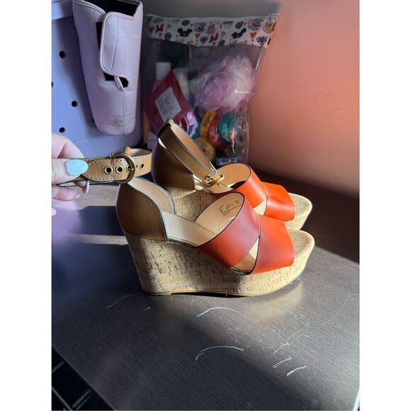 Coach Isla Orange & Tan Leather Cork Platform Wedge Sandals sz 9 NWOT - Picture 3 of 9